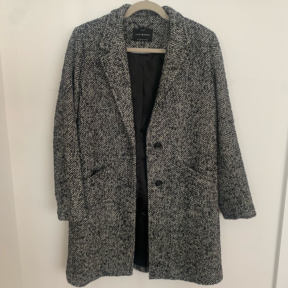 Lucky Brand Black & White Herringbone Pea Coat